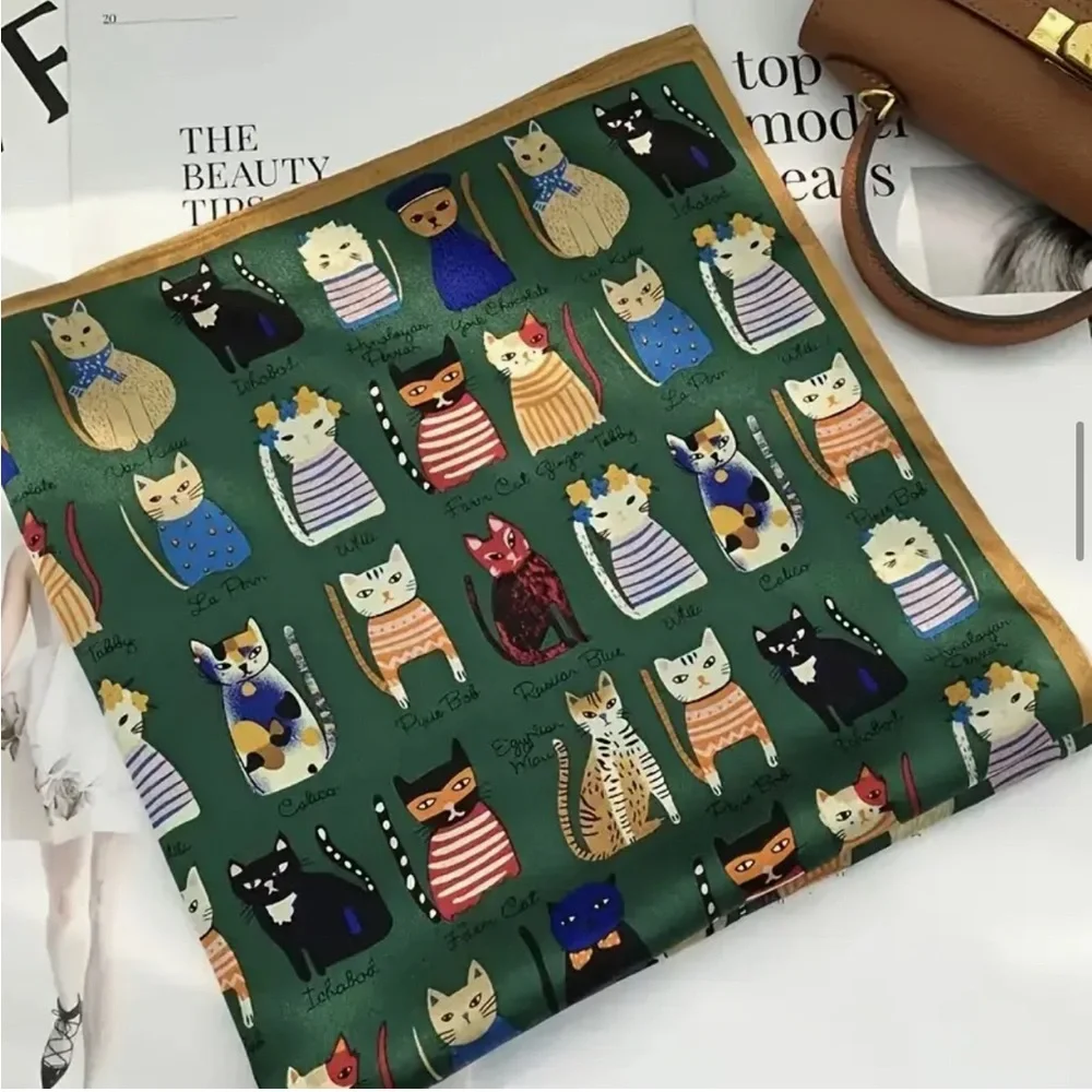 Cat Breeds Cartoon Whimsical Printed Square 27.5” Scarf, Green